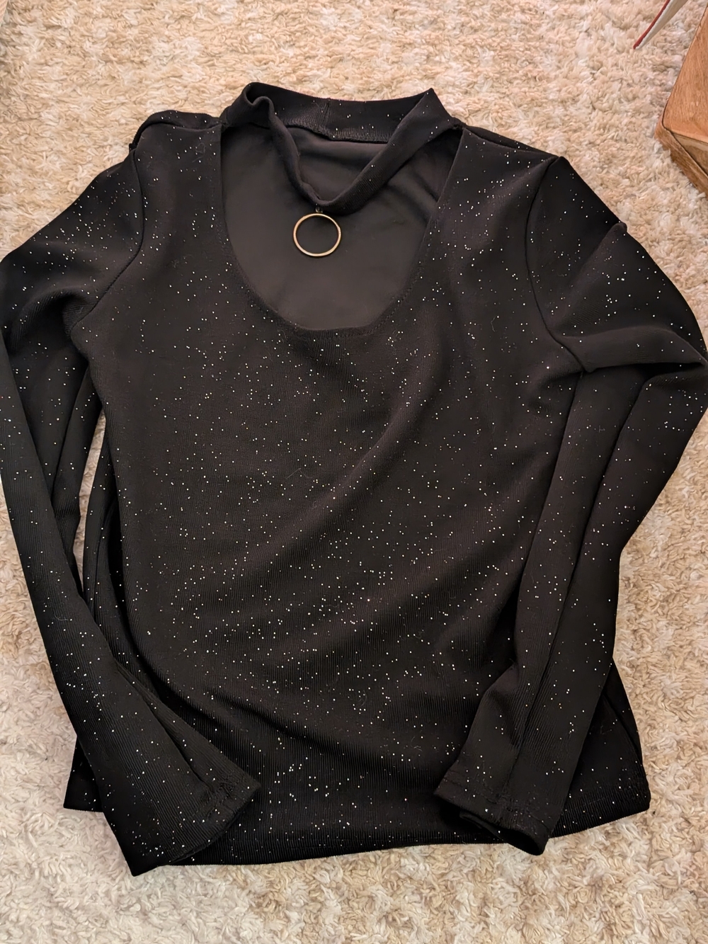 Black Long-Sleeve Sparkle Ring-Trim Top